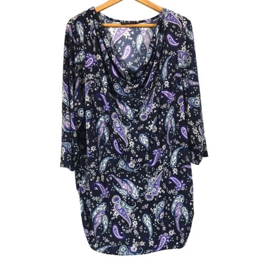 Lane Bryant Paisley Print Long Sleeve Cowl Neck Tunic Top Navy Purple Plus 22/24